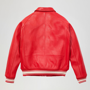 Men's Red Cow <b>Leather</b> Bomber <b>Jacket</b> Turn-down Collar Zipper Closure Regular Sleeve Solid Color Autumn Biker Style - Product Image 2