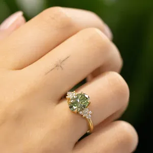 Green Oval Cut <b>Ring</b> with Marquise Side Stones in Solid Yellow Gold | Elegant Luxury Diamond Engagement Style <b>Statement</b> Jewelry - Product Image 2