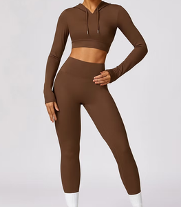 Custom Women Solid Hip Lifting <b>Workout</b> Pants Lightweight Hooded <b>Long</b> <b>Sleeve</b> Seamless Gym Crop <b>Tops</b> Set High Elastic OEM Service - Product Image 6