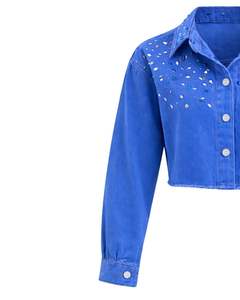 Chaqueta Vaquera Corta Azul Personalizada para Mujer con Cierre de Botones Frontales con Pedrería, Manga Larga, Estilo Urbano, Top para Fiesta - Product Image 5