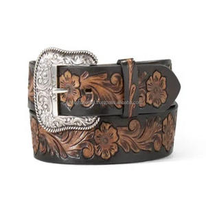 Fait sur mesure 100% véritable ceinture en cuir de vache occidentale 40mm avec Design en relief floral Top Inde grossiste exportateur ceinture d'outillage - Product Image 2