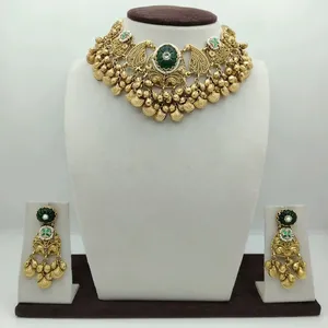 Heavy Choker Necklace <b>Set</b> with Green Stone Center Coin <b>Beads</b> and Matching Earrings Traditional <b>Set</b> - Product Image 1