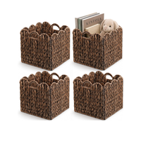 Panier de rangement pliable en jacinthe d'eau naturelle tressée à bords festonnés pour l'organisation de la salle de bain, de la chambre, de la buanderie et du garde-manger