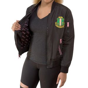 Black Women Bomber <b>Jacket</b> with Green and Gold Embroidered Crest Full Zip Long Sleeve Casual Lightweight Fashion Outerwear Wear - Product Image 5