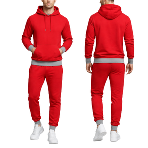 Conjunto Deportivo Premium para Hombre en Rojo Sólido – Sudadera con Capucha Lisa y Puños Elásticos Grises en Contraste – Traje de Dos Piezas para Entrenamiento - Product Image 3
