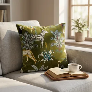 Olive Green <b>Velvet</b> Eco-Friendly Woven <b>Cushion</b> <b>Cover</b> with Vintage Print Removable & Washable All-Season for Hotel Home Decor - Product Image 5
