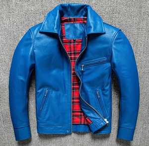 Custom Logo Men's Blue Genuine Leather Biker <b>Jacket</b> Stand Collar Zipper Closure <b>Slim</b> <b>Fit</b> Regular Length Polyester Lining - Product Image 3