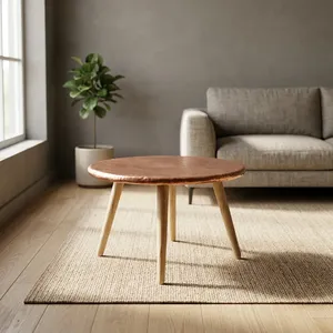 Modern <b>Round</b> Wood Coffee <b>Table</b> Scandinavian Style Handmade Living Room Furniture Natural Finish Three Leg Design - Product Image 3