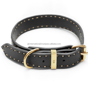 Nouveau collier de chien en cuir de buffle double épais de conception personnalisée avec coutures contrastées et quincaillerie dorée de luxe toutes tailles commande en gros - Product Image 6