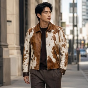 <b>Men's</b> Genuine <b>Leather</b> Cowhide Hair On <b>Jacket</b> Turn-down Collar Zipper Closure Casual Autumn Windproof Style - Product Image 1