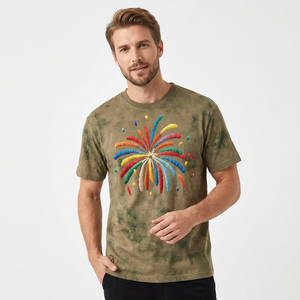 Camiseta de algodón de manga corta para hombre con patrón de fuegos artificiales arcoíris bordado a mano, cuello redondo, corte regular informal - Product Image 5