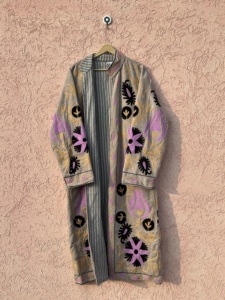 Velvet Suzani Hand Embroidery Animal Print Autumn Winter Breathable Long Jacket Open <b>Stitch</b> Closure Cotton Filled Ethnic Indian - Product Image 1