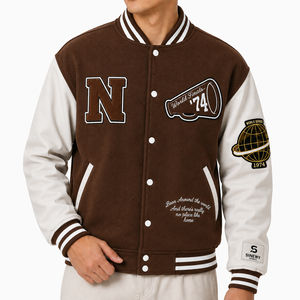 Men's Brown Varsity <b>Jacket</b> With Embroidered N Logo And Patch Preppy Style Turn-down Collar Cotton Material - Product Image 2