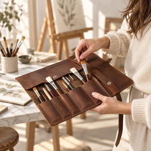 Porte-crayons en cuir de qualité supérieure, organiseur d'outils de dessin, logo personnalisé, accessoire d'artiste personnalisé, prix de gros - Product Image 4