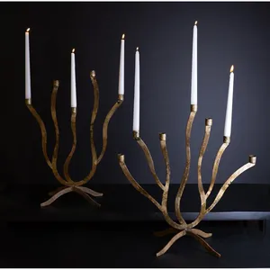 Gold Tone Five Arm Candelabra with Curved Branch Design Rustic Taper Candle Holder for Dining Table <b>Mantel</b> and Modern Home Decor - Product Image 4