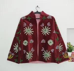 Ethnic Folk Art Suzani <b>Velvet</b> <b>Jacket</b> for <b>Women</b> Stand Collar Embroidered Bohemian Fashion Layering Piece For Winter - Product Image 4
