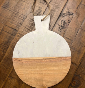 Planche à découper moderne en bois et marbre, forme ronde avec poignée en corde, fournisseur en gros - Product Image 1