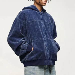 Sweat-shirt à capuche zippé pour homme, bleu délavé, coupe ample et carrée, en coton épais, effet délavé à l'acide, style streetwear - Product Image 4