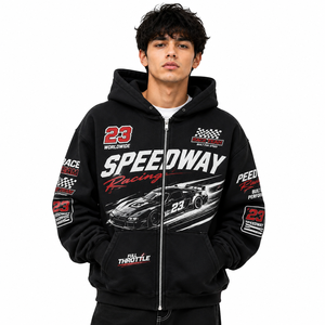 Sweat à capuche Speedway Racing pour homme, noir, coupe oversize, en molleton de coton, zippé, imprimé graphique, automne-hiver, logo personnalisé, fabricant - Product Image 1