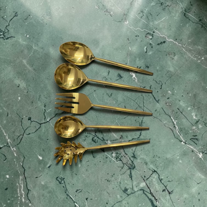 Gold Plated Serving Utensils Set <b>Mirror</b> Finish Long Handle Glam Style Metal Salad Fork Spoon Spatula for Party Occasion - Product Image 5