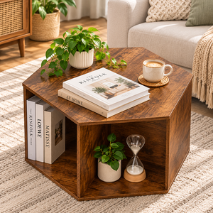 Mesa de Centro Hexagonal de Madera con Estantes Abiertos, Mesa Auxiliar Moderna para Sala de Estar - Product Image 4