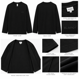 Custom Unisex Black Long Sleeve T Shirt Relaxed Fit Cotton Jersey <b>Crewneck</b> with Tonal Embroidered Logo OEM Private Label Manufac - Product Image 6