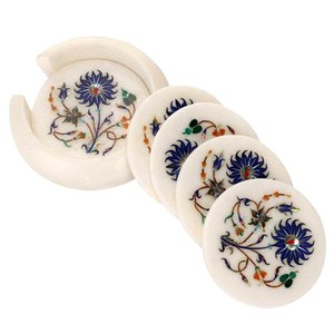 Juego de posavasos de mármol hechos a mano con incrustaciones de lapislázuli de 4.5 pulgadas para copas de vino, cerveza y champán. - Product Image 2