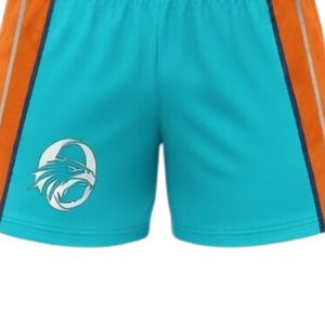 Shorts de netball unisexe turquoise et orange sublimés, en polyester, coupe athlétique, vêtements de sport avec panneau latéral rayé, tenue de match d'équipe - Product Image 6