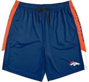 Pantalones cortos de malla azul de los Denver Broncos con rayas laterales naranjas y logotipo del equipo, ropa deportiva de poliéster duradera - Product Image 1