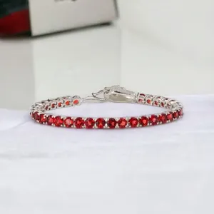 Solid 925 Sterling Silver Plated Tennis Bracelet With Red Crystal Rhinestones For Women Classic Style Party Jewelry - Product Image 1