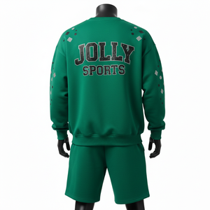 Conjunto de Sudadera y Pantalones Cortos de Felpa de Algodón Grueso GSM para Hombre, con Logotipo de Diamantes de Imitación Verdes, Estilo Urbano Personalizado - Product Image 2