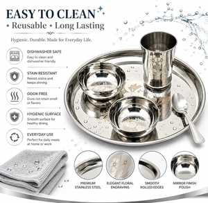 Ensemble de thali en acier inoxydable de qualité supérieure avec design floral gravé, assiette à dîner, bols, verre et cuillère pour usage domestique - Product Image 4