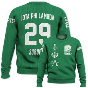 Suéter de punto tipo chaqueta universitaria verde Iota Phi Lambda personalizado con el escudo y la insignia del capítulo para miembros de la hermandad Iota Phi Lambda. - Product Image 4