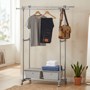 Modern Freestanding Metal Coat Rack 2 Drawers <b>Shelf</b> for Living Room Home Storage Adjustable Height Clothes Hanging Organizer - Product Image 1