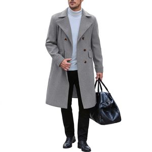 Manteau long en laine pour homme, double boutonnage, col rabattu, gris uni, épais, style manches classiques - Product Image 3