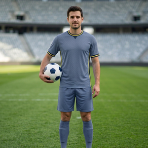 Best selling Steel Grey Soccer Uniform Set with Navy and Yellow Trim Sublimated Football uniform - Product Image 4