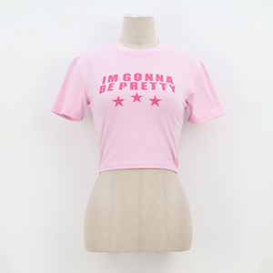 Women's Pink Crop T-<b>Shirt</b> Short Sleeve Crew Neck Letter Print <b>Star</b> Decoration Casual Style Spring Summer 100% Cotton Jersey - Product Image 1
