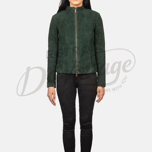 Premium Women Dark Green <b>Suede</b> Leather <b>Jacket</b> Slim Fit Soft Goat <b>Suede</b> Moto <b>Jacket</b> Elegant Collarless Casual Outerwear - Product Image 2