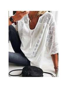 เสื้อเชิ้ตคัตเอาท์สำหรับฤดูร้อนสำหรับผู้หญิง – เสื้อแขน 3/4 ผ้าลูกไม้โปร่ง สำหรับใส่ลำลอง ใส่ทำงาน และใส่กลางแจ้ง ลดราคา - Product Image 5