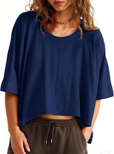 Camiseta Corta Oversize para Mujer, Manga Corta, Cuello Redondo, Color Sólido, Corte Holgado, 100% Algodón Jersey, Casual, Primavera Verano - Product Image 2