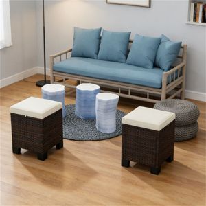 Set di Due Sgabelli da Esterno Beige con Poggiapiedi in Rattan e Cuscino per Terrazze e Patii - Product Image 1
