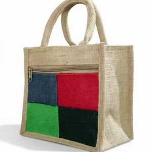 Sac à déjeuner classique en jute patchwork pour usage quotidien, avec fermeture technique et à glissière, idéal pour les voyages, 10x10x5 - Product Image 1