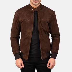 <b>Men's</b> Brown <b>Suede</b> Motorcycle <b>Jacket</b> Stand Collar Zipper Closure Regular Sleeve Solid Color Autumn Wear - Product Image 1