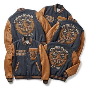 Veste universitaire personnalisée OEM en laine avec manches en cuir, broderie Cloister Builders Arcade, patch colonne capitale, marron - Product Image 6