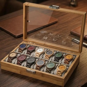 Boîte de rangement pour montres en bambou avec couvercle en verre, 12 emplacements, écologique, durable, boîte de rangement de luxe, décoration moderne pour la maison, cadeau pour homme - Product Image 2