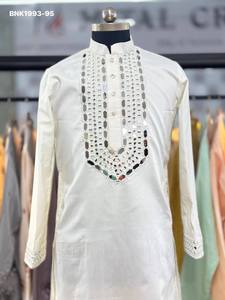 Best Quality Pure Silk with Yoke & Sleeve Boder Mirror-work Full-Sleeve & Knee-Length <b>Kurta</b>-Payjama Collection Wholesale Supply - Product Image 4