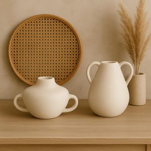 Vase en céramique blanche avec poignée, finition mate, fait main, moderne, pour table, décoration d'intérieur - Product Image 4