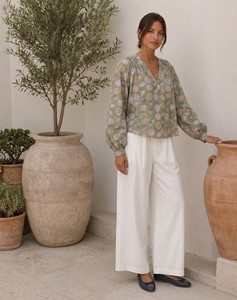 Camisa de Verano para Mujer de Oficina, con Estampado de Loto en Espiral, Cuello en V, Manga Abullonada, de Secado Rápido - Product Image 6