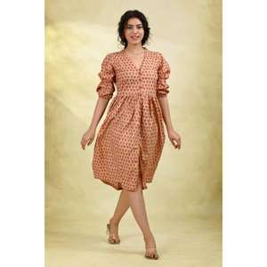 Vestido Midi Estampado 100% Algodón Ecológico para Mujer, Color Durazno, con Botones al Frente, Mangas Abullonadas, Cintura Natural, Ligero, para Verano - Product Image 2