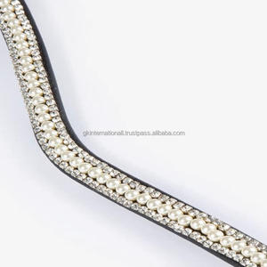 Meilleure vente en gros approvisionnement cristaux blancs perles forme de vague décorative cuir anglais noir rembourré cheval front bande - Product Image 2